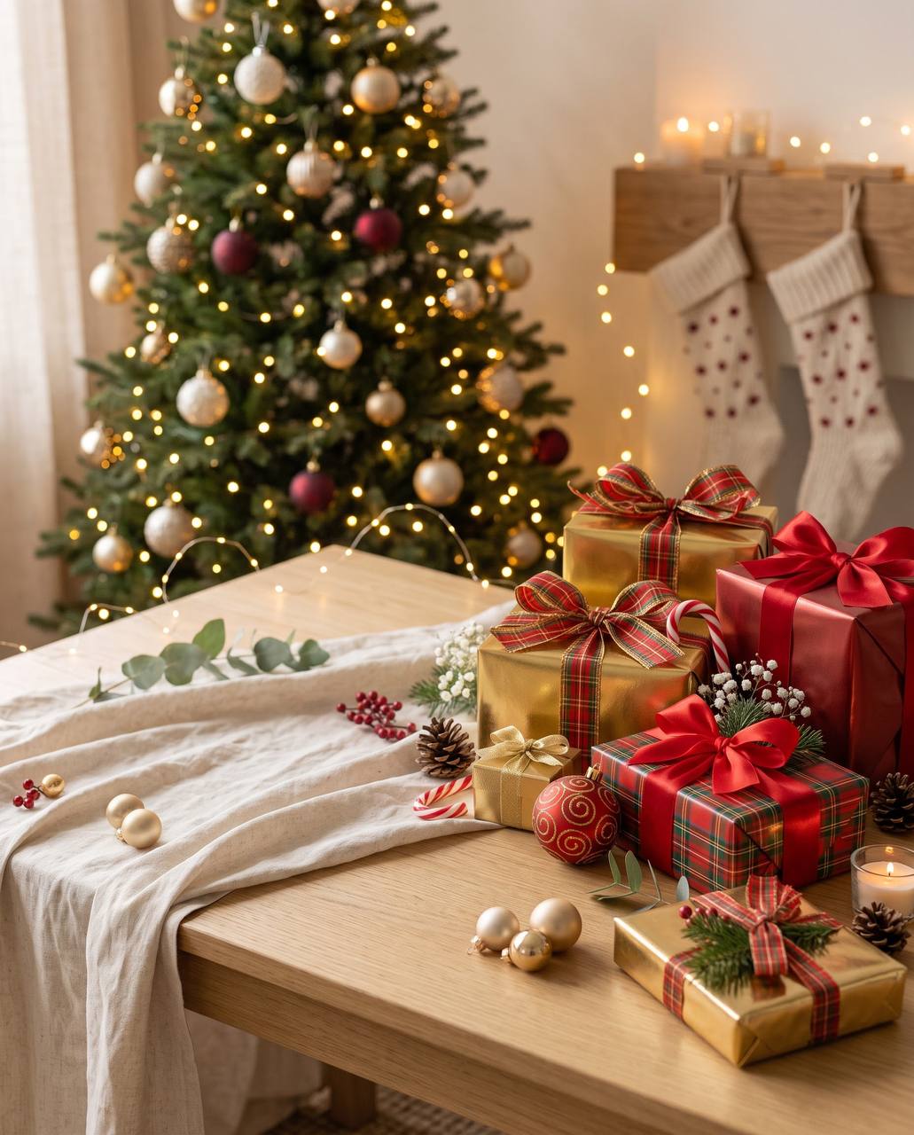 Festive Christmas gifts wrapped in gold and red paper with plaid ribbons on a wooden table in front of a glowing Christmas tree and hanging stockings