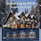 Dual-head snowflake projector lighting a snowy cabin, with a chart showing coverage from 80 ft² at 9.8 ft to 215 ft² at 32.8 ft