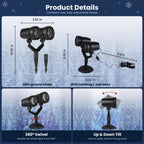 Dimensions of the dual-head snowflake projector: 10.83 in tall with ground stake, 6.69 in on the base, 9.8 ft power cord, 360° swivel and up-and-down tilt