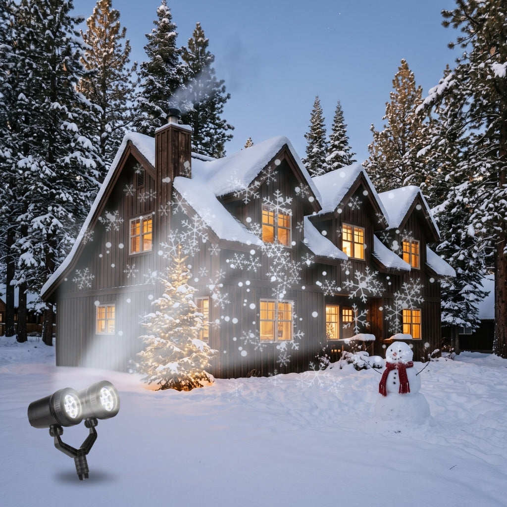 Dual-head snowflake projector in the snow projecting white snowflakes onto a wooden cabin at night, with a Christmas tree and snowman in the yard