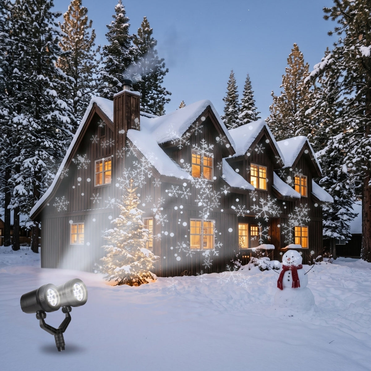 Dual-head snowflake projector in the snow projecting white snowflakes onto a wooden cabin at night, with a Christmas tree and snowman in the yard