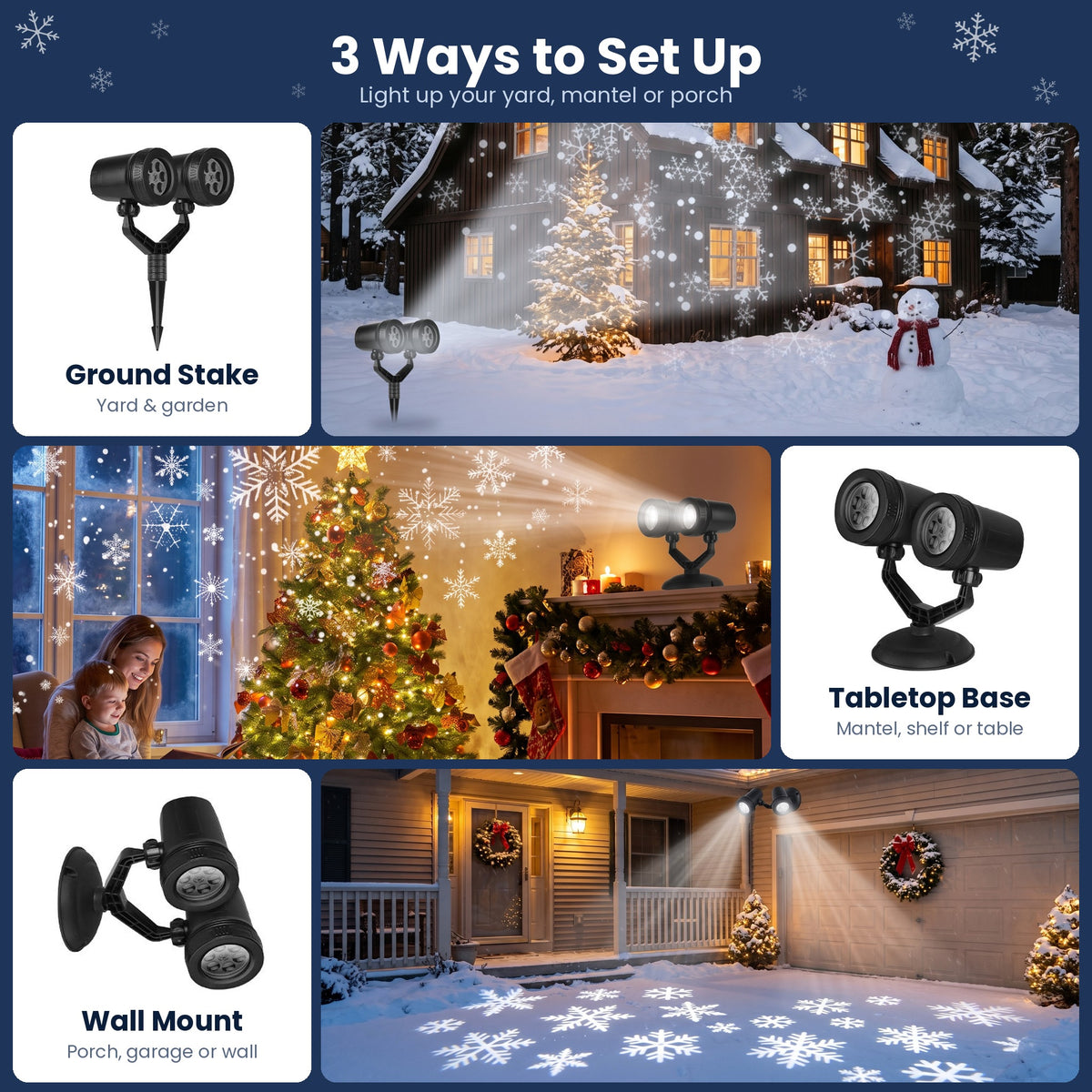 Three ways to set up the dual-head snowflake projector: ground stake in a snowy yard, tabletop base on a fireplace mantel, and wall mount by the garage