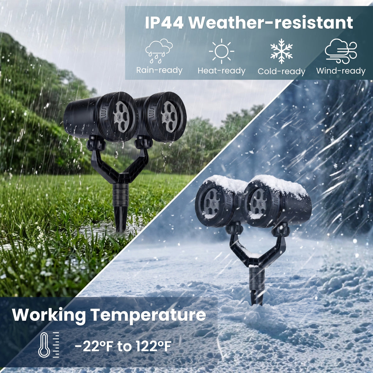 Dual-head snowflake projector working in heavy rain and in a snowstorm, IP44 weather-resistant, operating from -22°F to 122°F