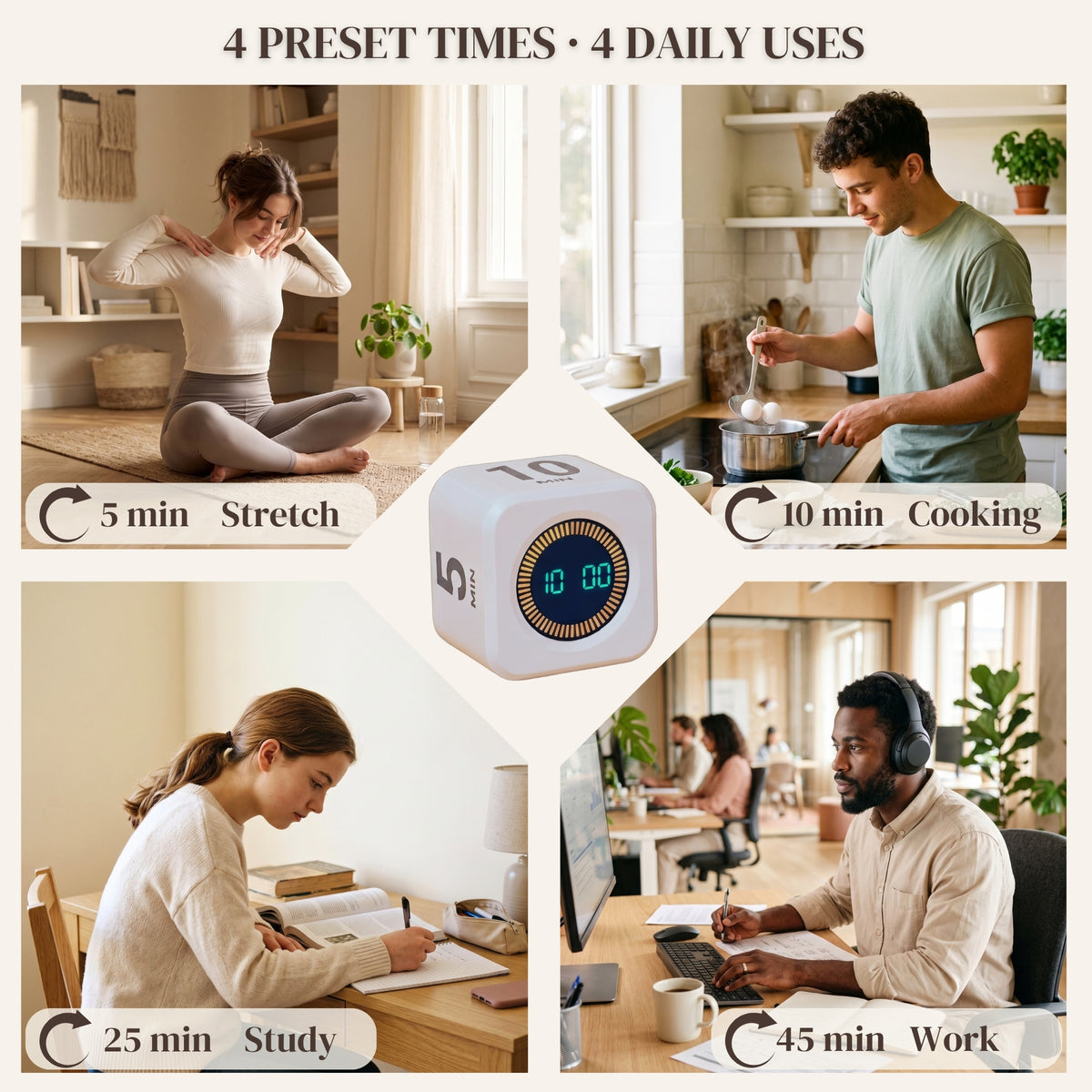 Focus Cube preset times for stretching, cooking, study and work.