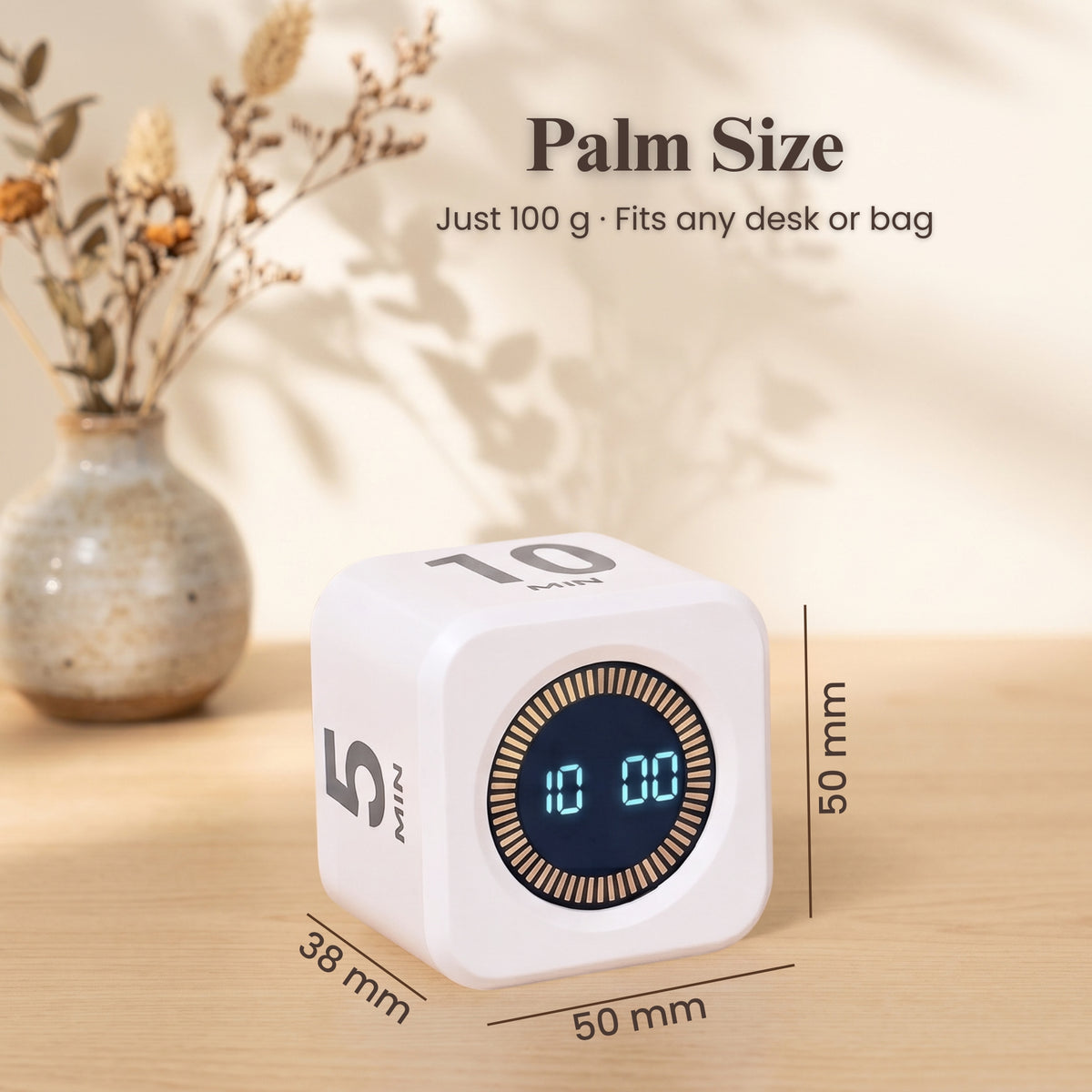 Focus Cube dimensions 50 x 50 x 38 mm, weighing 100 g