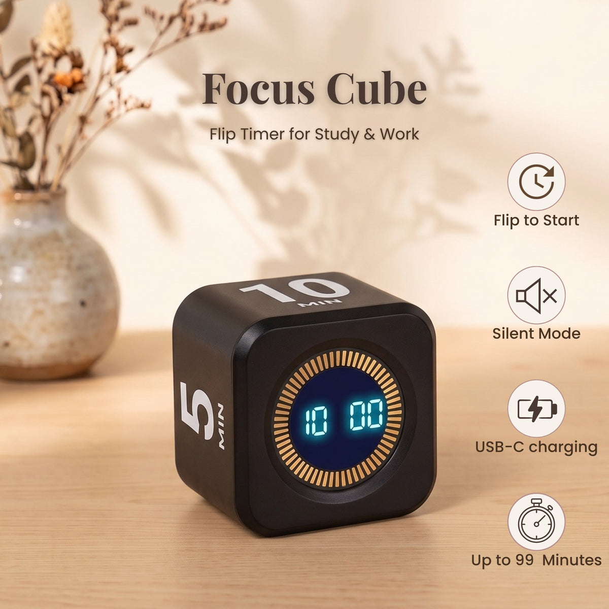Black Focus Cube flip timer with flip-to-start, silent mode, USB-C charging and up to 99 minutes.