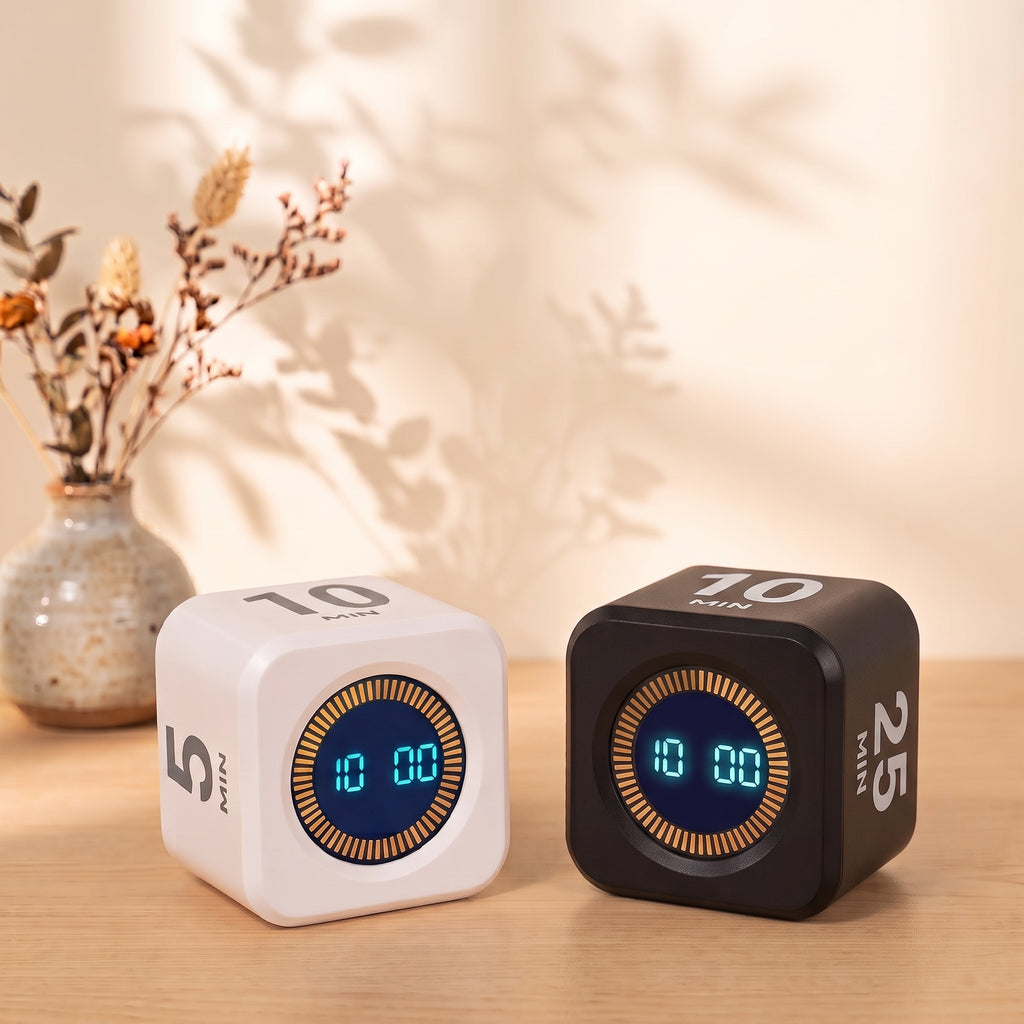 Focus Cube flip timer in white and black on a wooden desk.