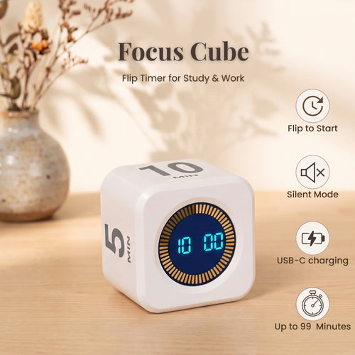 White Focus Cube flip timer with flip-to-start, silent mode, USB-C charging and up to 99 minutes