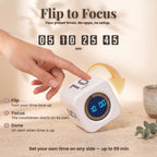 Hand flipping the Focus Cube timer, with preset times of 5, 10, 25 and 45 minutes.