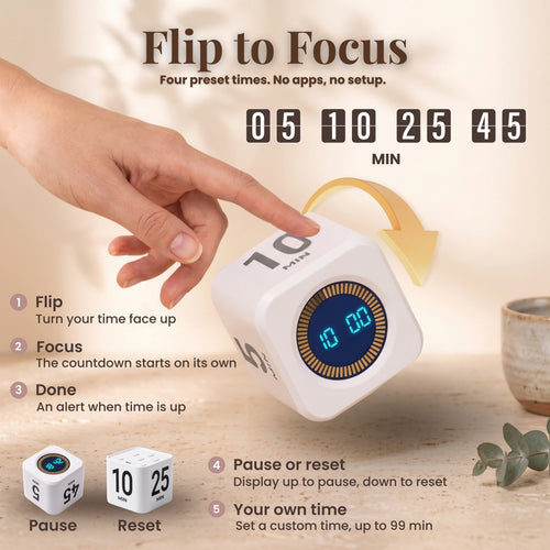Hand flipping the Focus Cube timer with preset times of 5, 10, 25 and 45 minutes, pause with display up and reset with display down